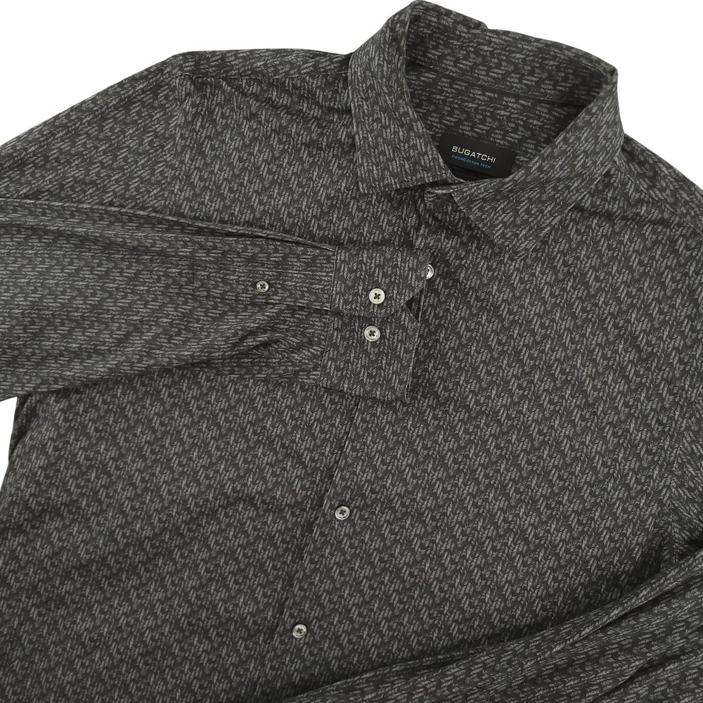 Bugatchi Shirt Mens L Gray Geometric Long Sleeve Button Up OohCotton Stretch